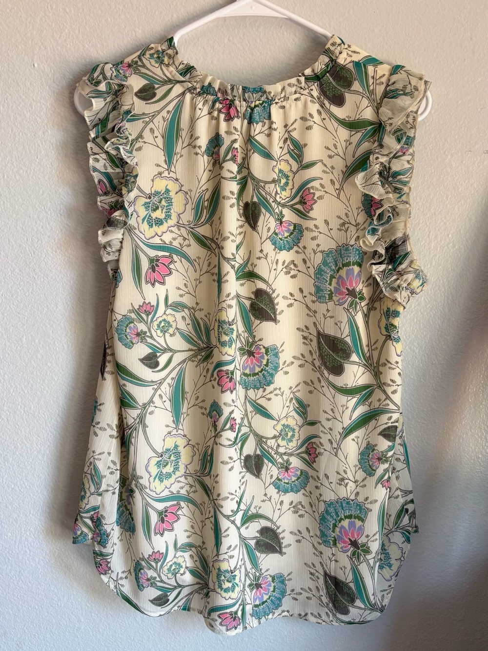 LOFT women’s sz Large Cream Floral Ruffle V-Neck sleeveless blouse top camisole - Picture 2 of 5